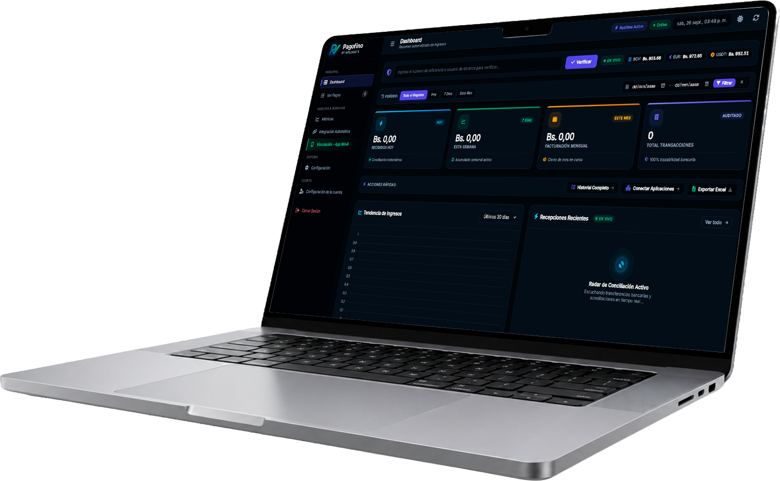 PagoListo Dashboard en Vivo Modo Oscuro